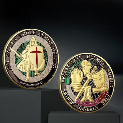 Obrněný válečník Lucky Guardian Coin Helma Štít se vzorem meče Výzva Reliéf na mince Barevná lakovaná dekorace mince