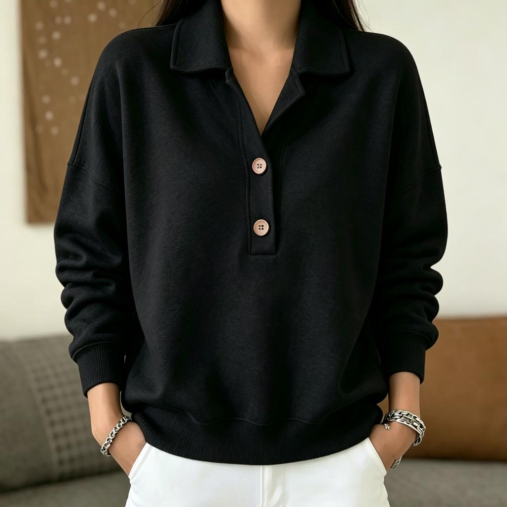 Women's Casual Pullover Sweatshirt with Lapel Collar, Long Sleeve, Loose Fit, Multi-Color
