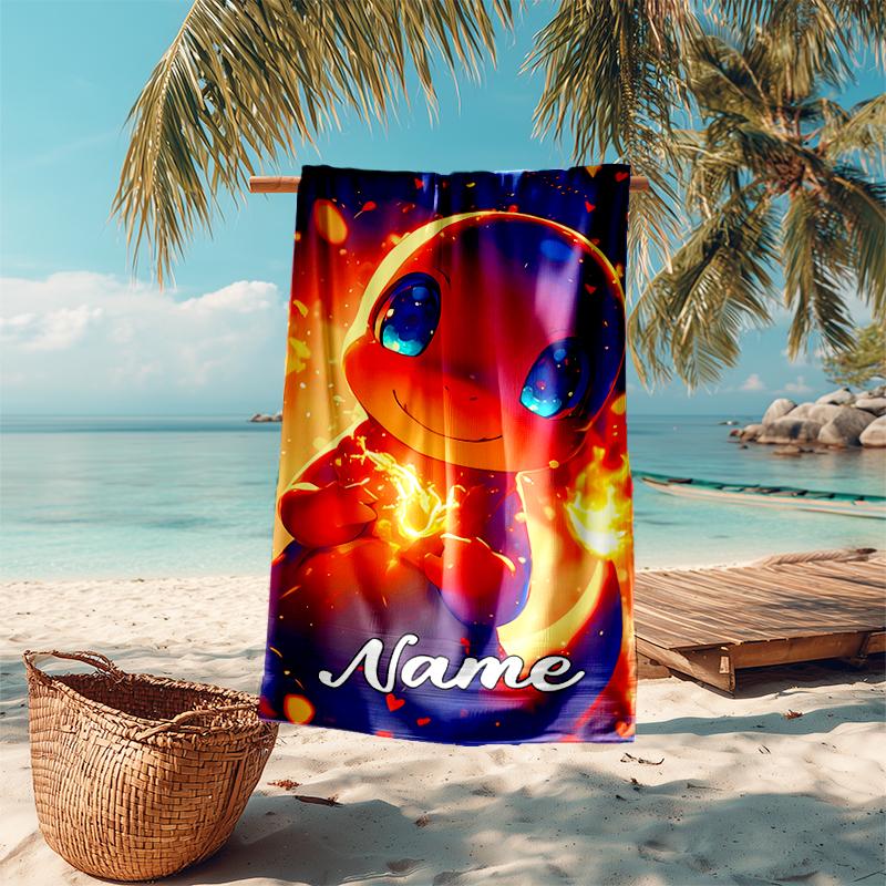 Personalized customized proof beach towel with Pokémon Charmander pattern - soft, absorbent,quick-drying,perfect swimming,camping&bathing