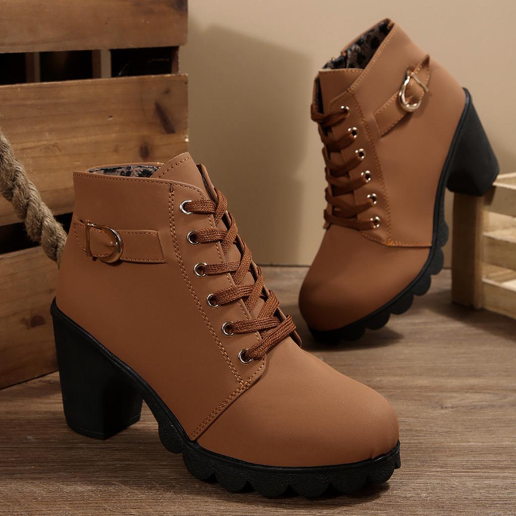 Foreign Trade Thick Heel Short Boots Round Head Lace-up and Bare Boots New High Heel Side Zipper Martin Boots Women's Single Boots Belt Buckle