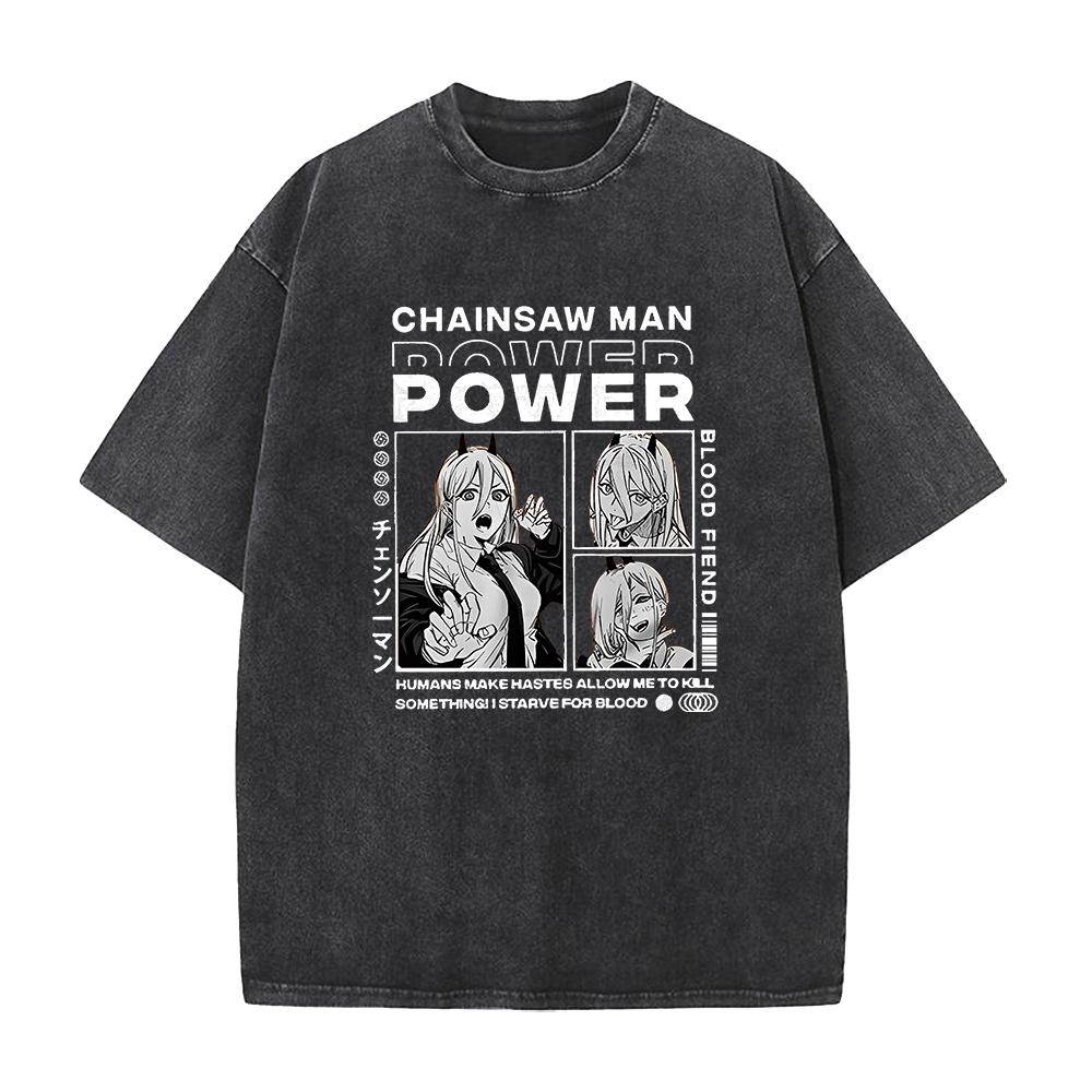 Anime Chainsaw Man Power Print Tee Men Women Plus Size Tshirts Manga Washed Cotton T Shirt Harajuku Unisex Comfortable Tshirt