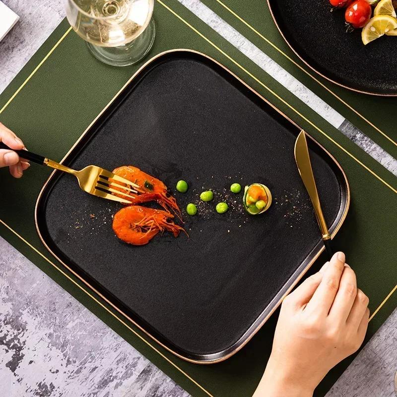 Assiette à steak Black Frost 8 pouces Ménage Carré Bordure dorée Assiettes à dîner occidentales Restaurant occidental Pâtes italiennes Vaisselle