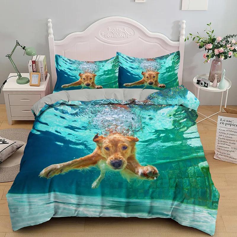 Cute Dog Pattern Single Quilt Cover with Zip, Animal Funny Dog Grey Inner Duvet Cover Set with Pillowcases for Children Adults