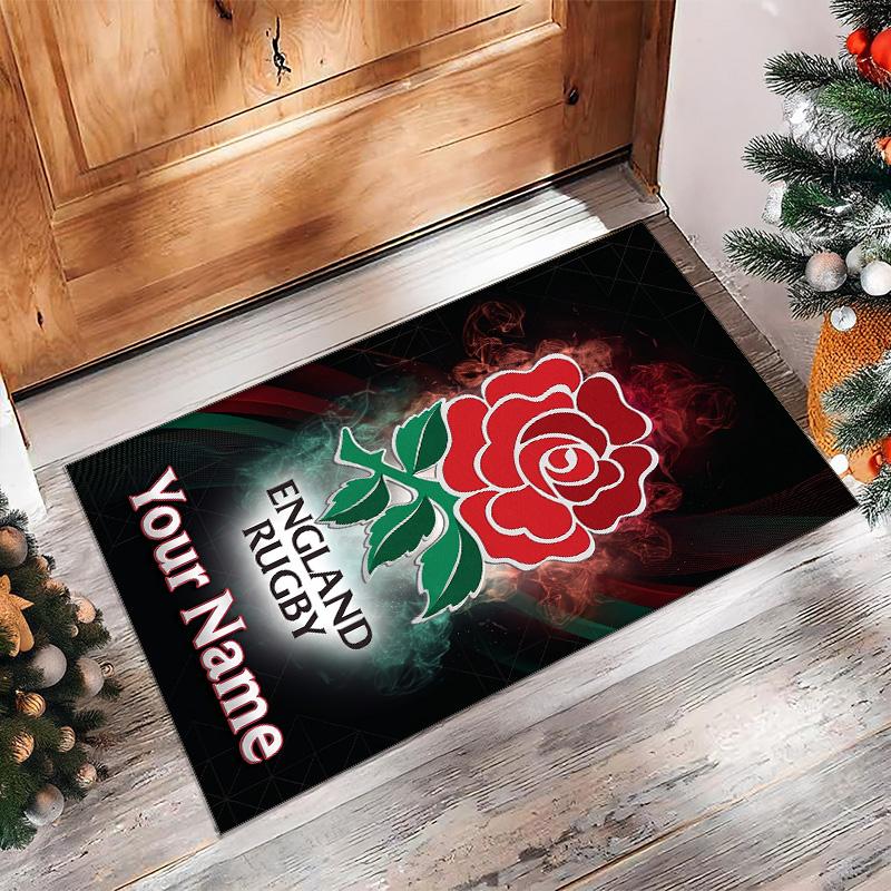 England Rugby Crystal Velvet Rug, Custom Name Text Personalized Non‑Slip Floor Mat for Home Decor Gift