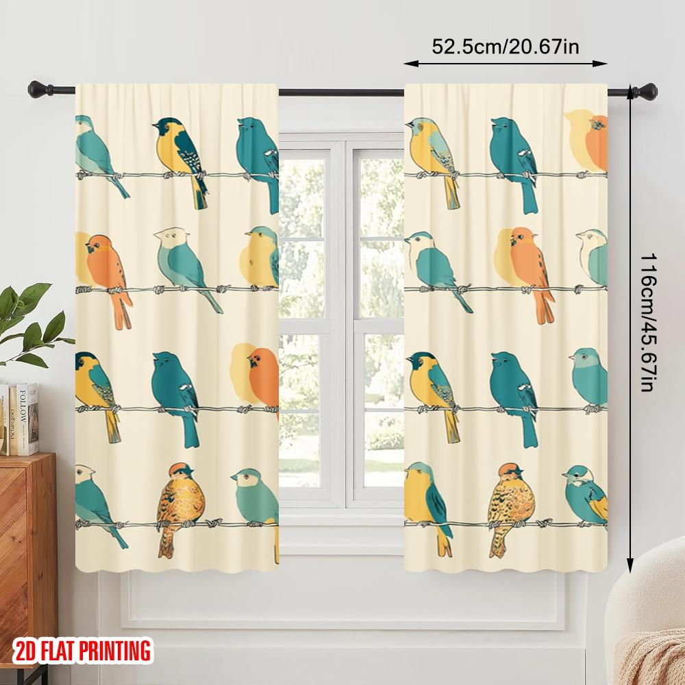 2Pcs,2D Plane Printing Curtains&Window Treatment Colorful Birds On Branches Polyester (Without Rod) Outdoor Decorations Ldeal