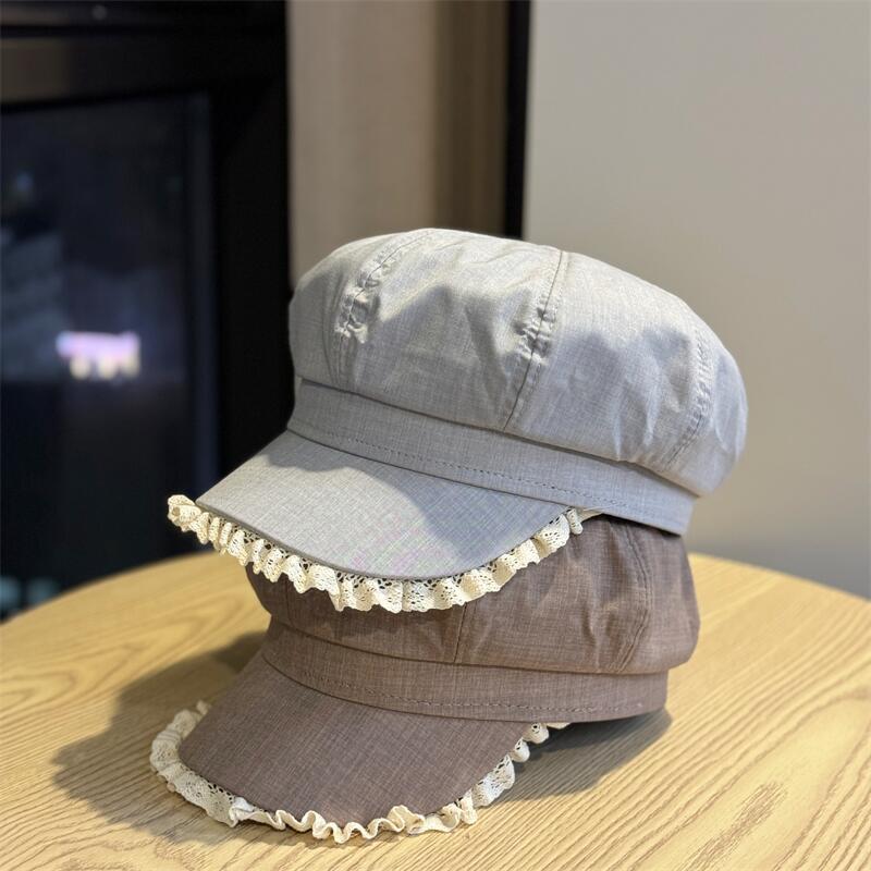 Lace-trimmed denim octagonal hat for women, spring/summer, large head circumference, makes the face look smaller, artistic and sophisticated, beret,