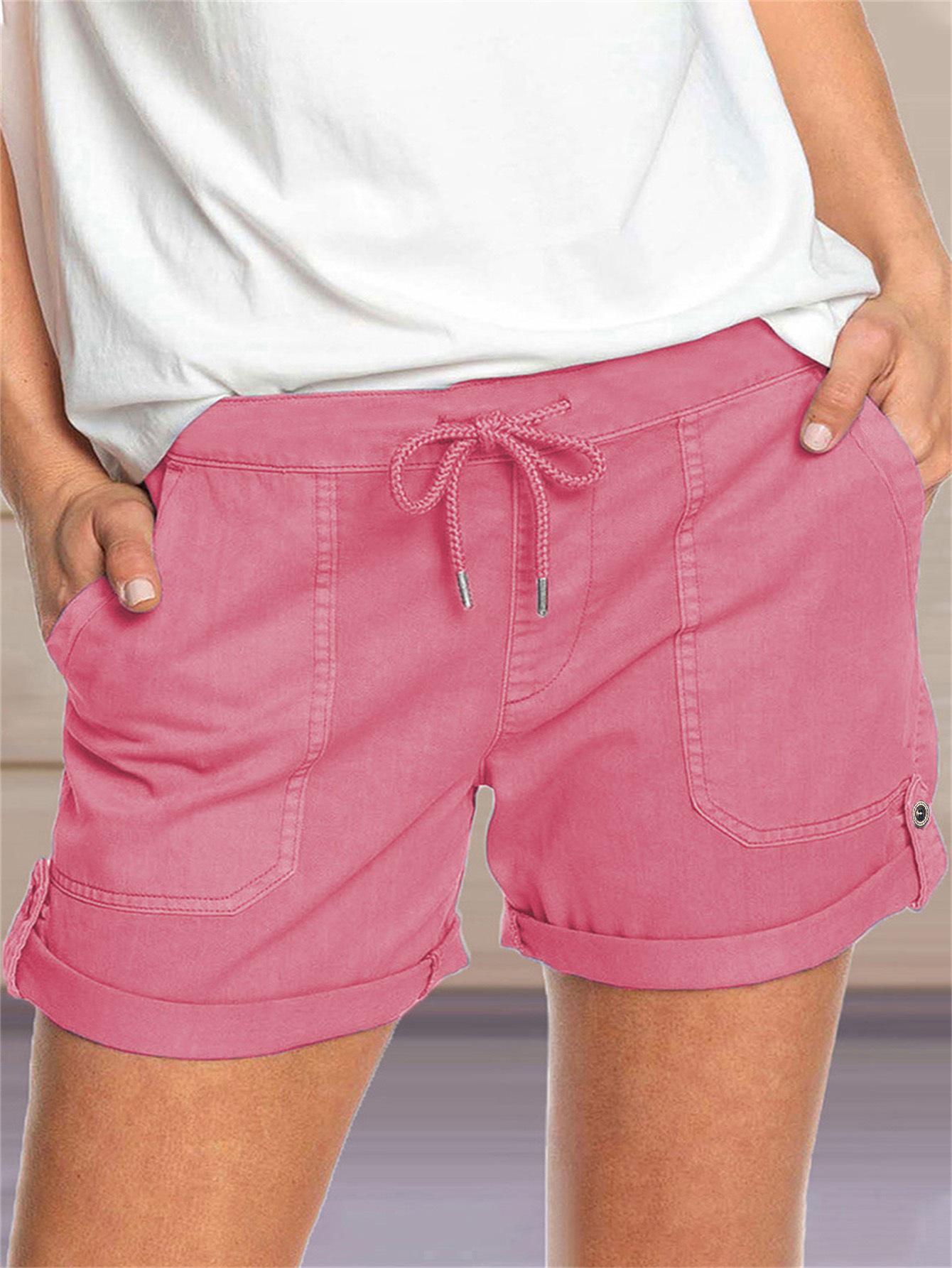 

2025 Women s Casual Solid Color Straight-Leg Lace-Up Shorts 2XL