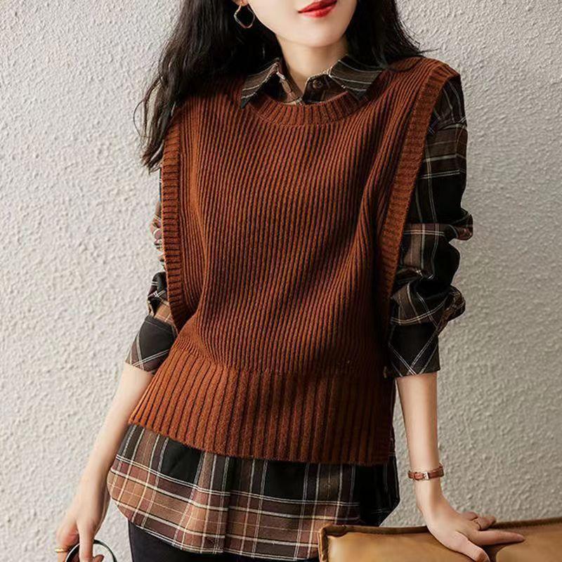 Women's Round Neck Pullover Knitted Vest Loose Casual Outerwear Sleeveless Cardigan Vest Outer Wear Lazy Style Top