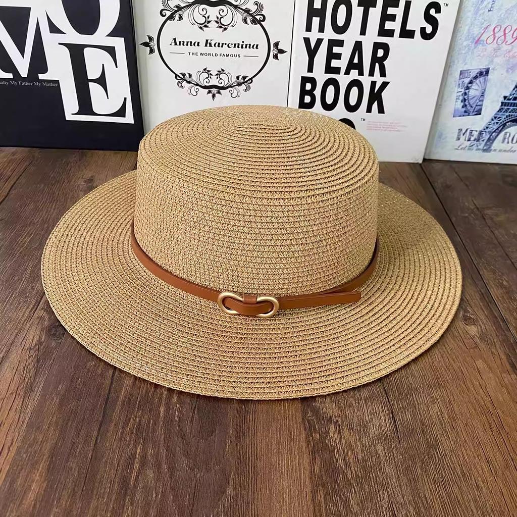 Internet celebrity straw hat children spring and summer French flat top top hat British sunshade sun protection seaside flat edge wide brim men and w