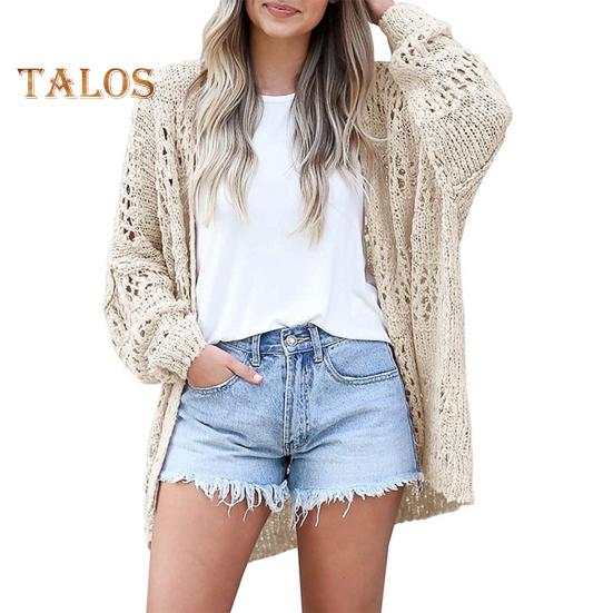 Women Knitted Coat Hollow Out Loose Long Sleeve Pure Color Knitwear Cardigan Mid Length Loose Elastic Spring Autumn Jacket