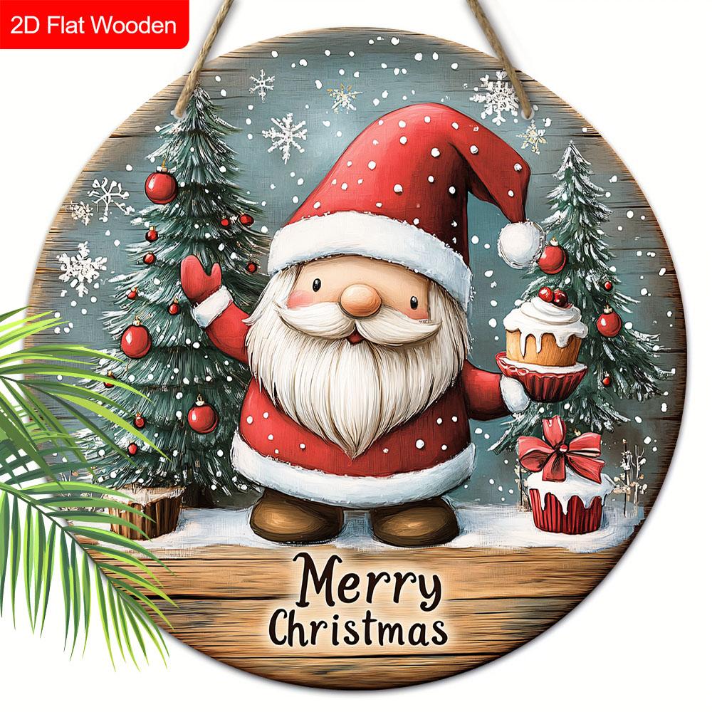 Christmas Wooden Sign with Gnome Pattern - Navidad Round Sign Yard Door Wall Hanging Decor - Ideal Christmas Decoration