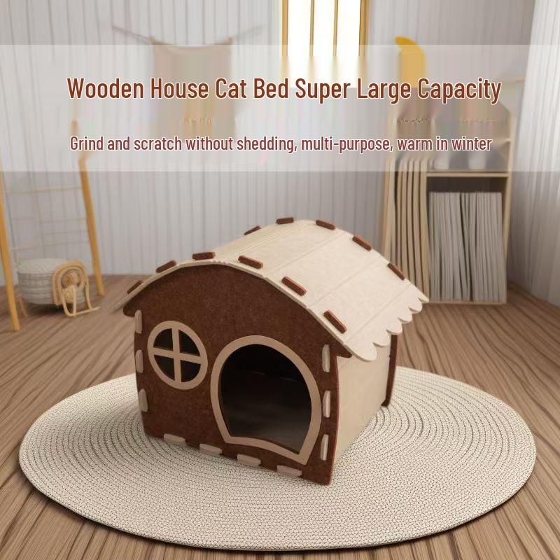 Felt Wood Cat Tunnel Bed: Multi-Functional, Semi-Enclosed, All-Season Cat Bed with Paw Design