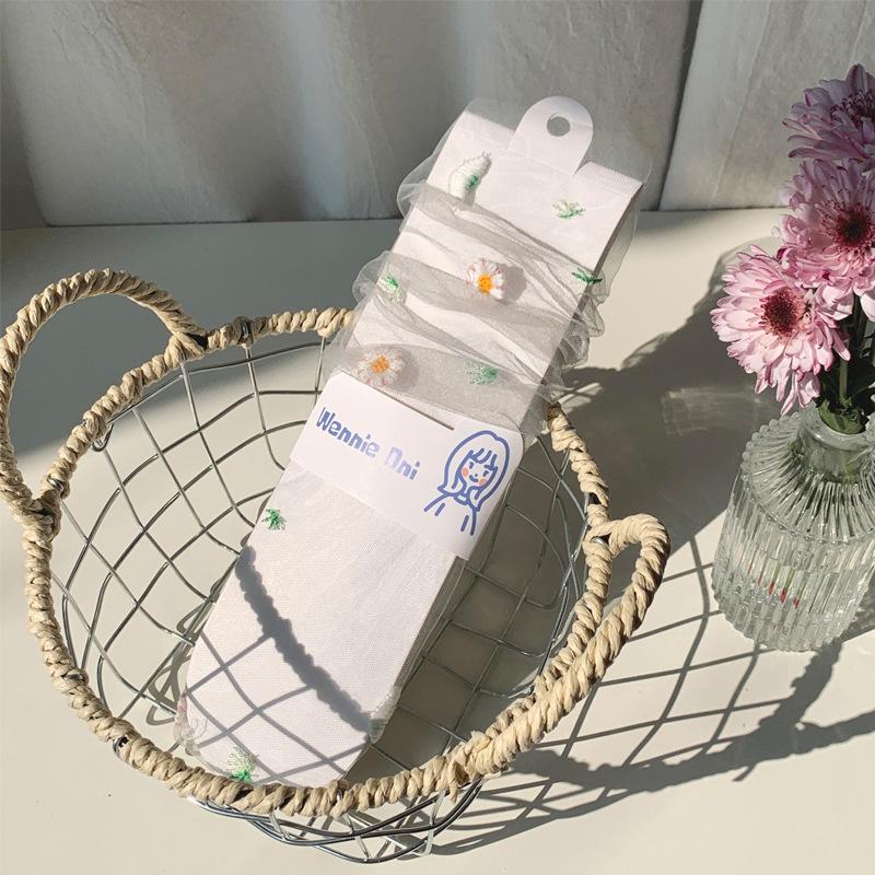 Mesh Socks Children'S Sweet And Fresh Little Daisy Girl Socks Summer Ultra-Thin Transparent Embroidered Tube Socks Stockings