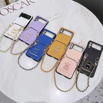 Korea Cute 3d Bear Leather Hand Chain Phone Case For Samsung Galaxy Z Flip 4 3 Z Flip3 5g Cover Solid Color Protective Cases