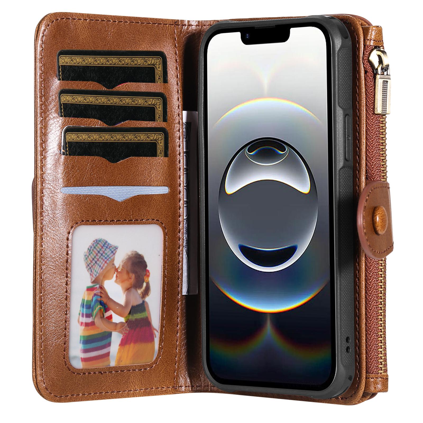 

For iPhone 16e Case PU Leather Zipper Wallet Detachable Cover Brown