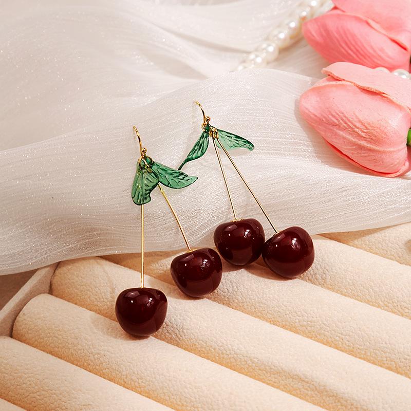 Japanese & Korean Cherry Earrings with Green Leaf, Cute Cartoon Resin Design for Students. Exquisite and Trendy.