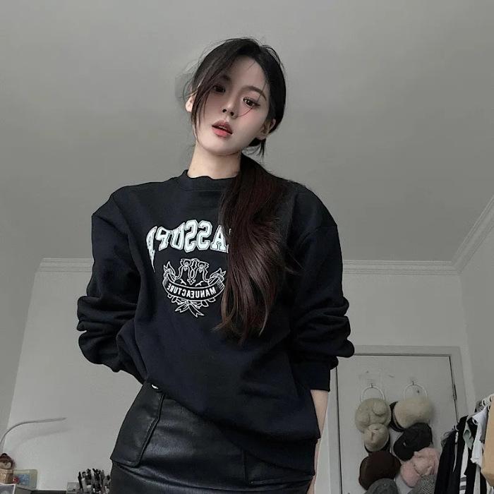 

Fleece lazy letter Korean version printed long-sleeved sweater women s autumn loose and thin versatile medium and long top tide S чёрный