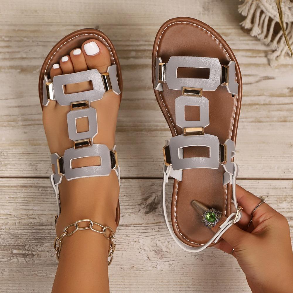 Sandales plates à boucle grande taille pour femme, Chaussures de plage unies ajourées, Claquettes décontractées tendance pour l'extérieur