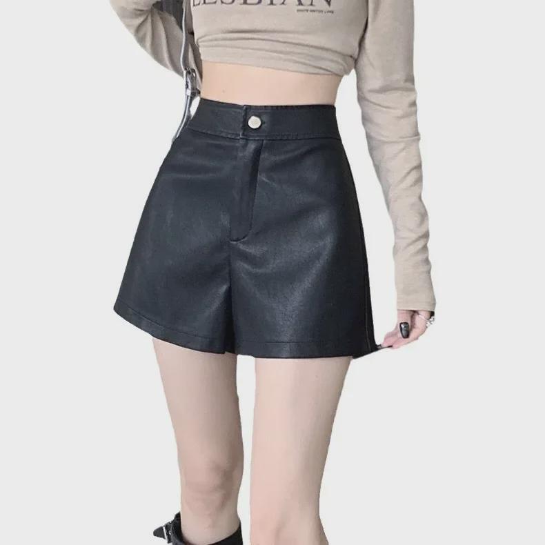 2023 Women's PU Leather A-Line Shorts: Autumn/Winter Slim Wide-Leg Casual Street Style