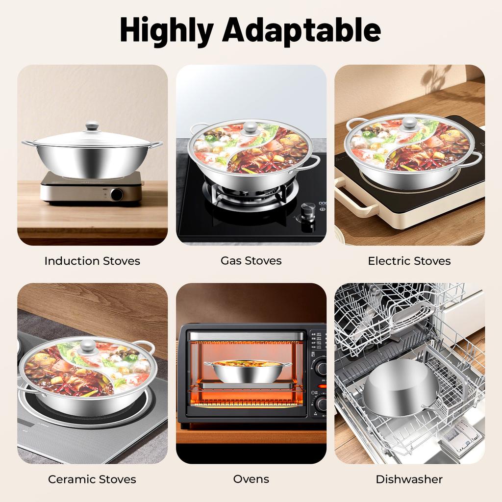 Dual Side Stainless Steel Hot Pot, 13 Inch Divided Soup Pot with Lid, Professional Mandaring Duck Pot for Induction Cooktop