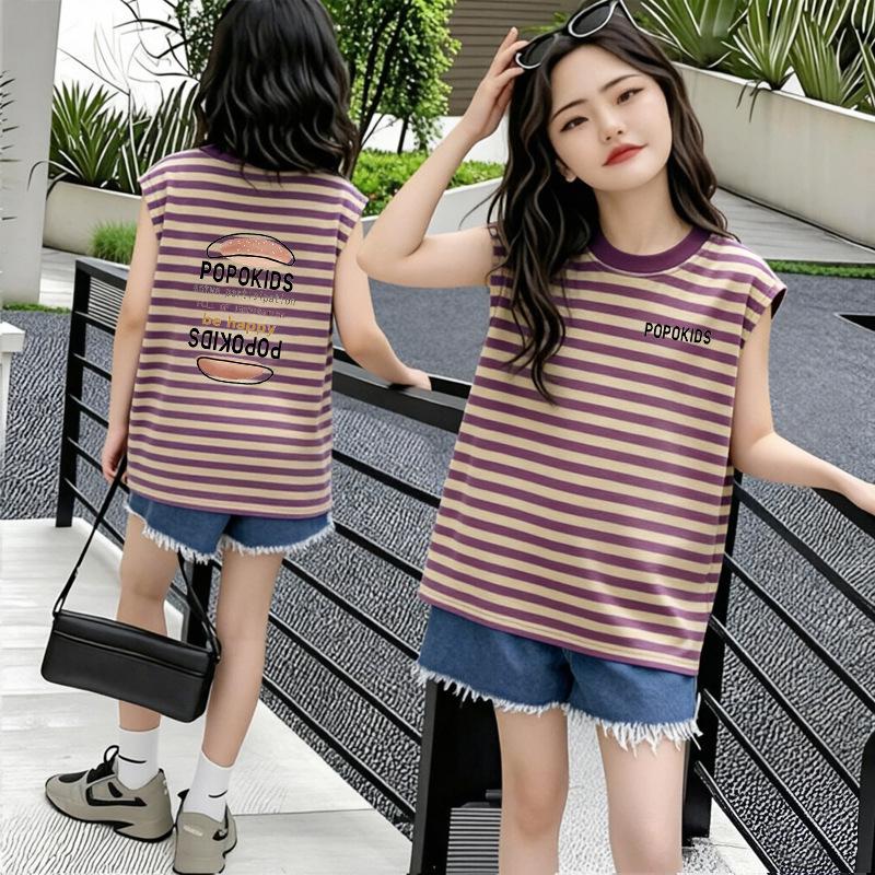 Korean Style Girls' Patchwork Stripe Sleeveless Summer T-shirt - New Arrivals for Medium & Large Kids