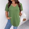 Women's V Neck Short Sleeve Tunic Top Loose Fit Casual Style Polyester Solid Color Curved Hem Long Tee Plus Size Summer Shirt