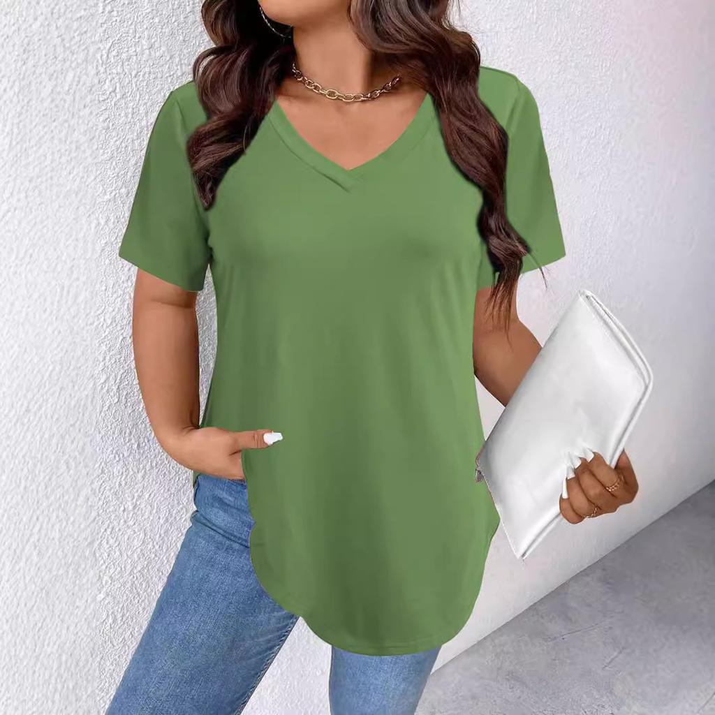 Women's V Neck Short Sleeve Tunic Top Loose Fit Casual Style Polyester Solid Color Curved Hem Long Tee Plus Size Summer Shirt