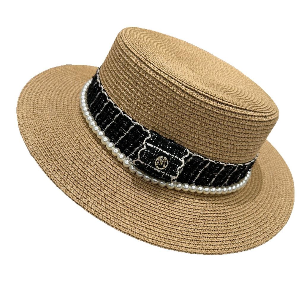 Pearl Flat Top Straw Hat Women's Summer Retro Fashion British Straw Hat Flat Edge Top Hat