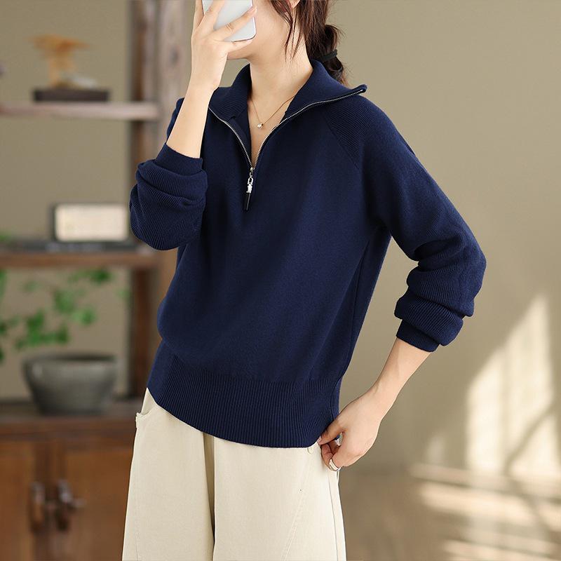 Autumn/Winter 2025 Women's High Neck Zipper Knit Sweater - Japanese Korean Style