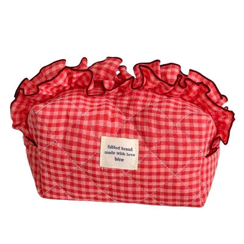 

1Pc Cosmetic Cases Cute Makeup Bag Sweet Wash Storage Bag Ins Style with Zipper Plaid Pattern Ruffle Large Capacity