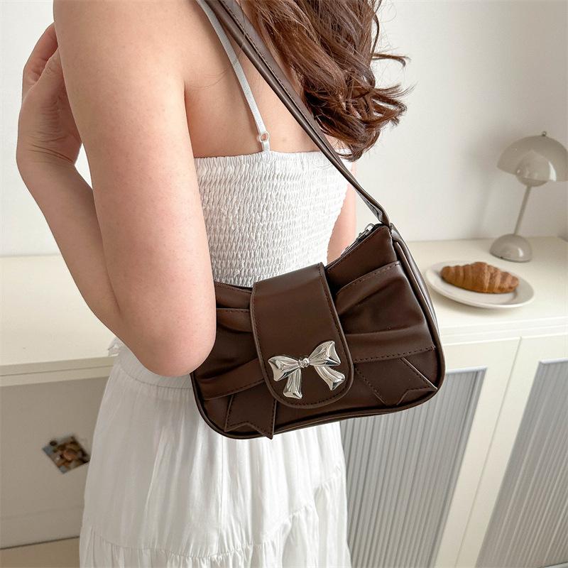 Sweet Bow Small Underarm Bag for Women Fashi PU Leather Ladies Portable Shoulder Bags Solid Color Female Clutch Handbags