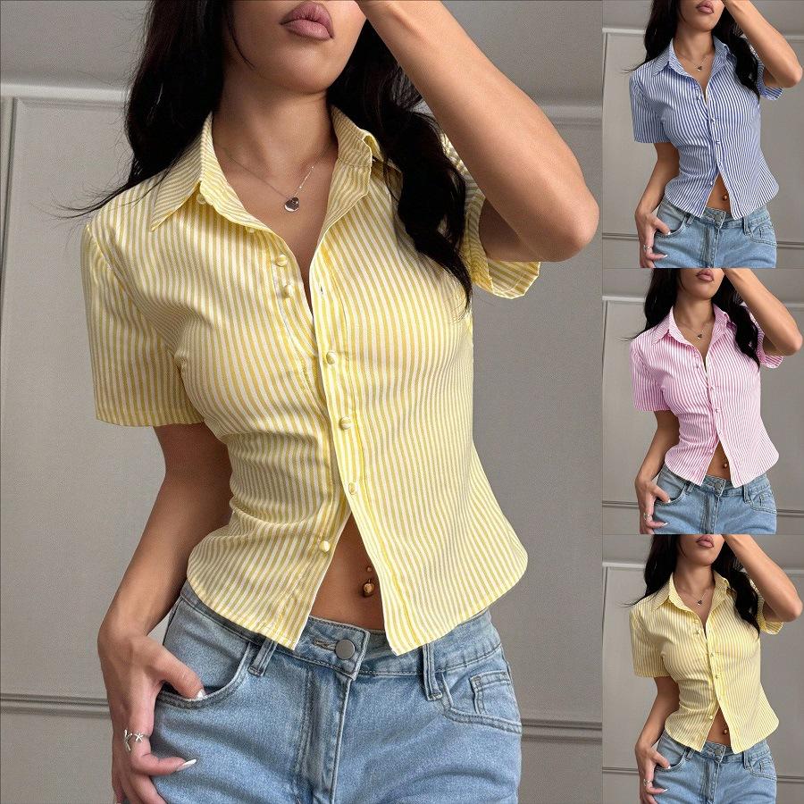 Women's Summer New Casual Versatile V-Neck Striped Short Sleeve Shirt Top