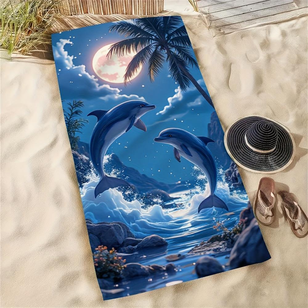 Roaming Dolphins Microfiber Bath Towel Quick-Dry Super Absorbent Soft Touch with Tropical Dolphin Palm Tree Design