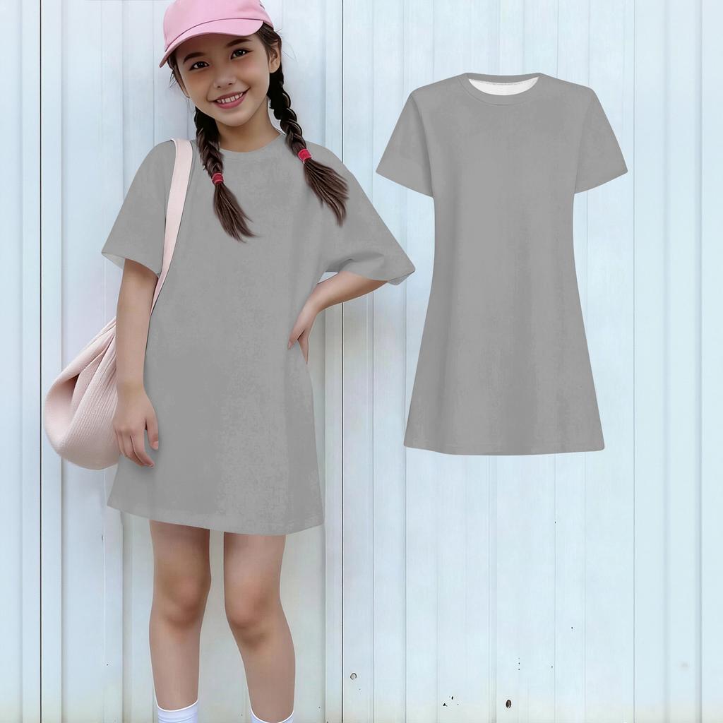 Girls Casual Sundress Kids Loose Round Neck Short Sleeve Lightweight Dress