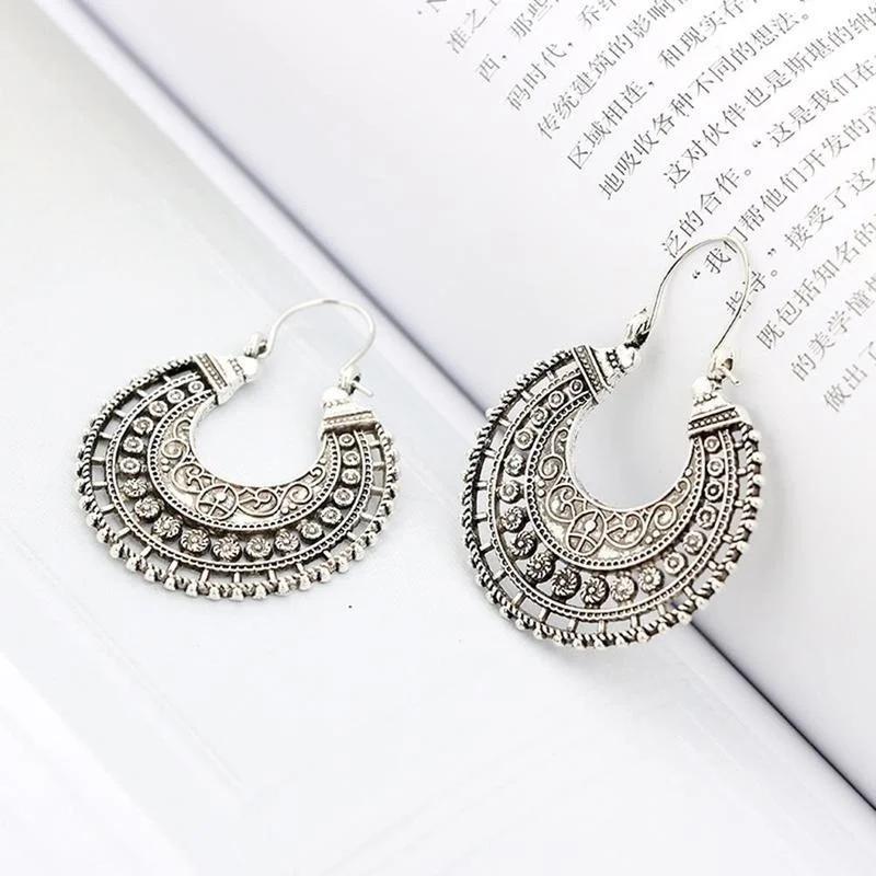 Hoop Earrings Ethnic Tribal Aztec Hippy Boho Dangle Silver Tibetan Fashion