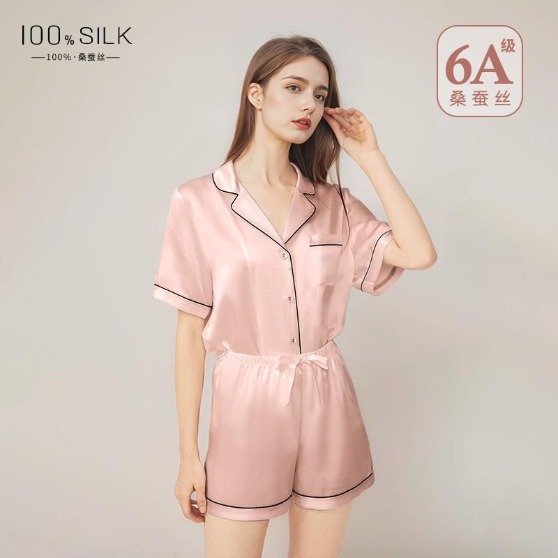 100% Pure Mulberry Silk Short Sleeve Shorts Pajama Set Women Lightweight Sleepwear Lounge Wear Medium