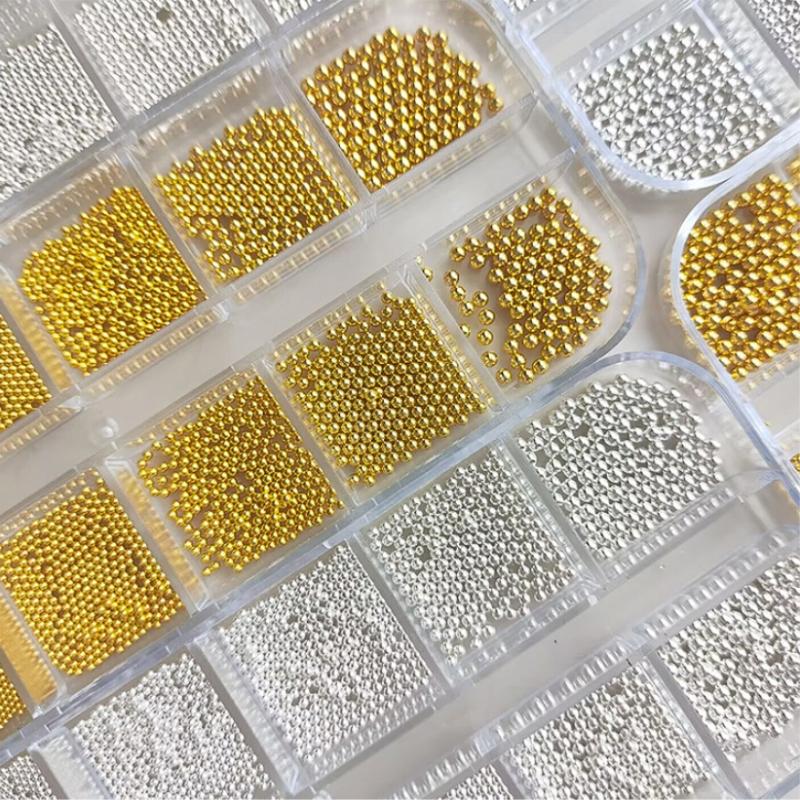 12 Grids Nail Art Tiny Steel Beads 0.6-2Mm Mixed Size 3D Design Gold Silver Jewelry Manicure Tips Charm Micro Ball Diy Decor