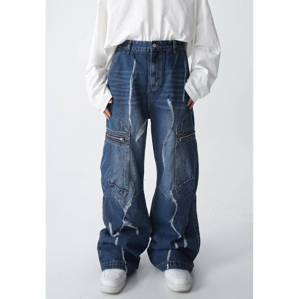 Jeans holgados con cremallera para primavera y otoño, estilo hip-hop workwear, con bolsillos grandes y corte de pierna ancha y tiro medio