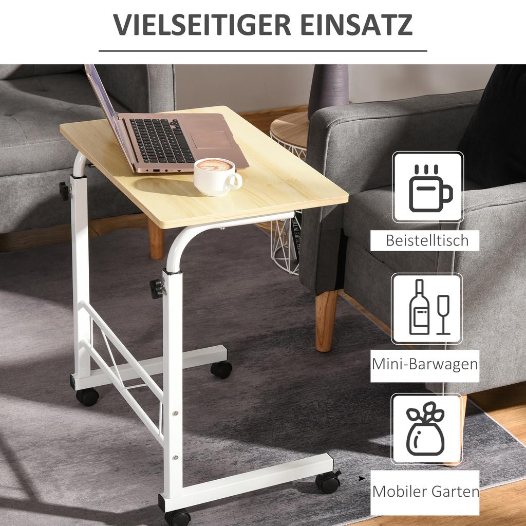 Side Table Height-Adjustable Coffee Table Mobile End Table with Wheels Locking Brakes C-Table Particleboard Steel Iron Plastic White Maple Color 60 x