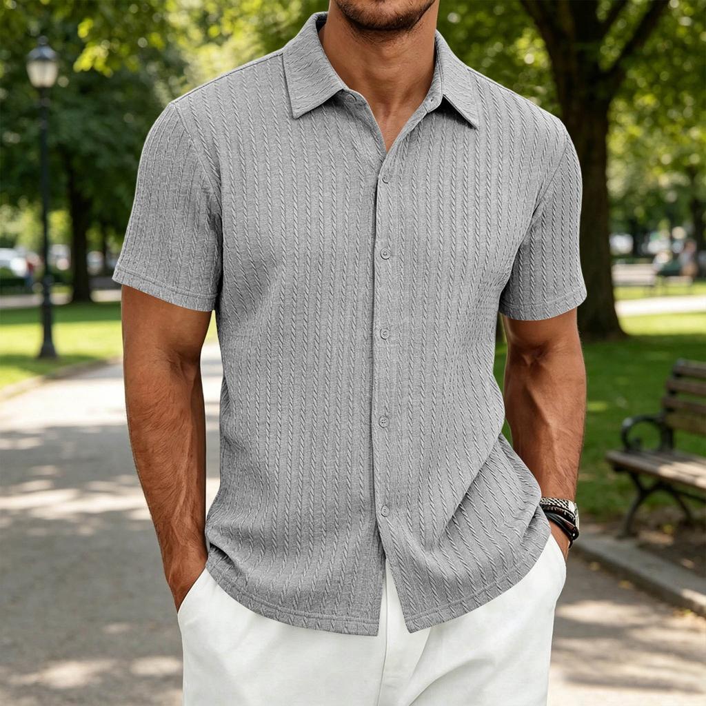 Men's Textured Knit Short Sleeve Shirt Casual Simple Button Down Polo Collar Shirt Summer Lightweight Breathable Fabric