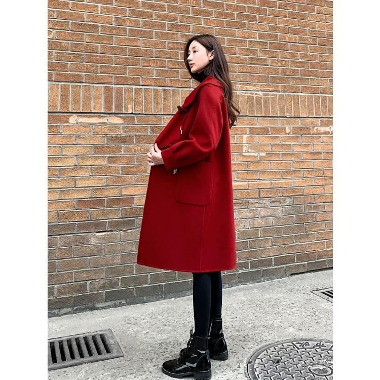 Stylish and Elegant Red Woolen Coat with Horn Buckles for Weddings and Fashionable Women