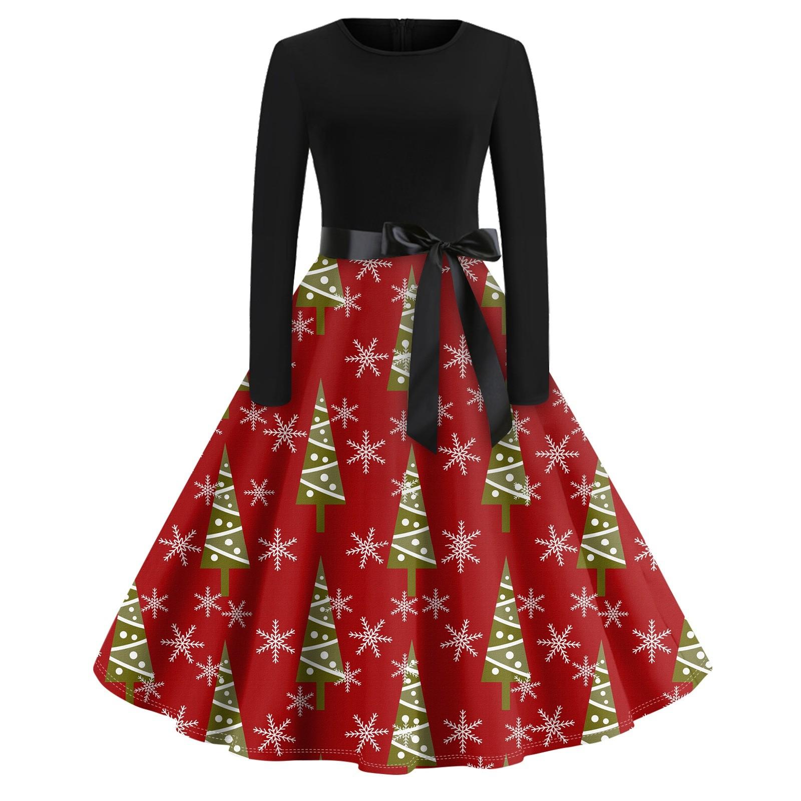 

Рождественское платье с расклешенным принтом для женщин, платье с круглым вырезом и длинными рукавами, повседневные платья XL арбуз красный