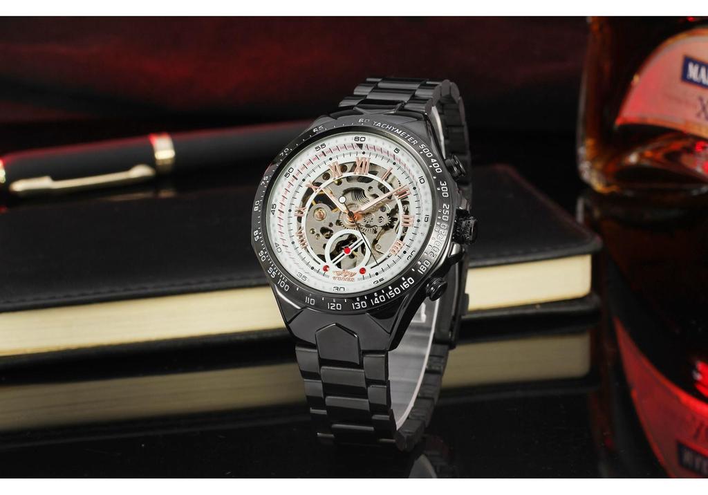 T-WINNER 8067 Men's Skeleton Automatic Mechanical Watch with Transparent Back – Business Style