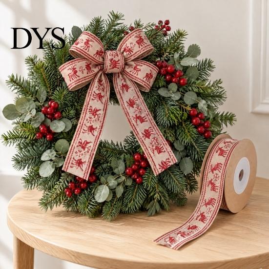 Christmas Gift Wrapping Ribbon Packaging Ribbon, Cotton And Faux Linen Decorative Fabric Roll for Holiday Red Beige Xmas Printed Wrapping, Floral