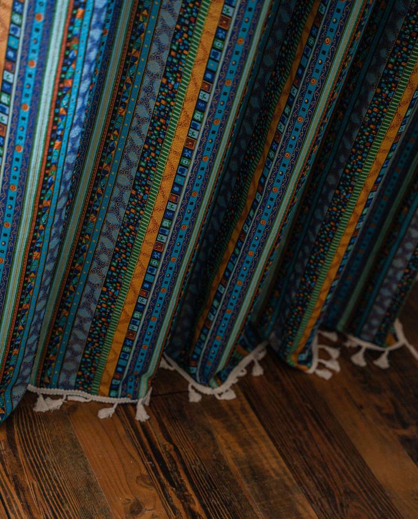 Yiman Qiyun Bohemian Striped Yellow Cotton-Linen Kitchen Curtain, Semi-Light-Blocking