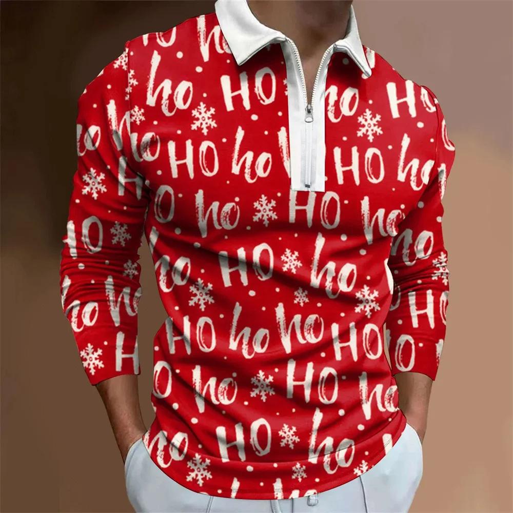Father Christmas cartoon pattern digital 3D printing polo shirt large size loose men's zip lapel shirt