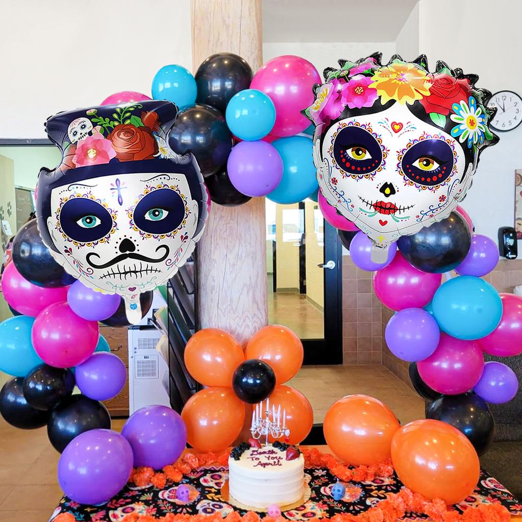 2 Stück Zuckerschädel Aluminiumfolienballons für Braut und Bräutigam, Tag der Toten Halloween Blumen-Schädel Partydekorationszubehör