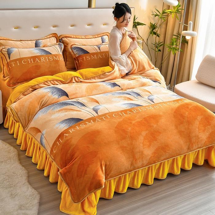 Thickened Milk Fleece Four-Piece Coral Fleece Quilt Cover, Bed Sheet Fleece Double-Sided Fleece Flannel Bedding, Bed Skirt