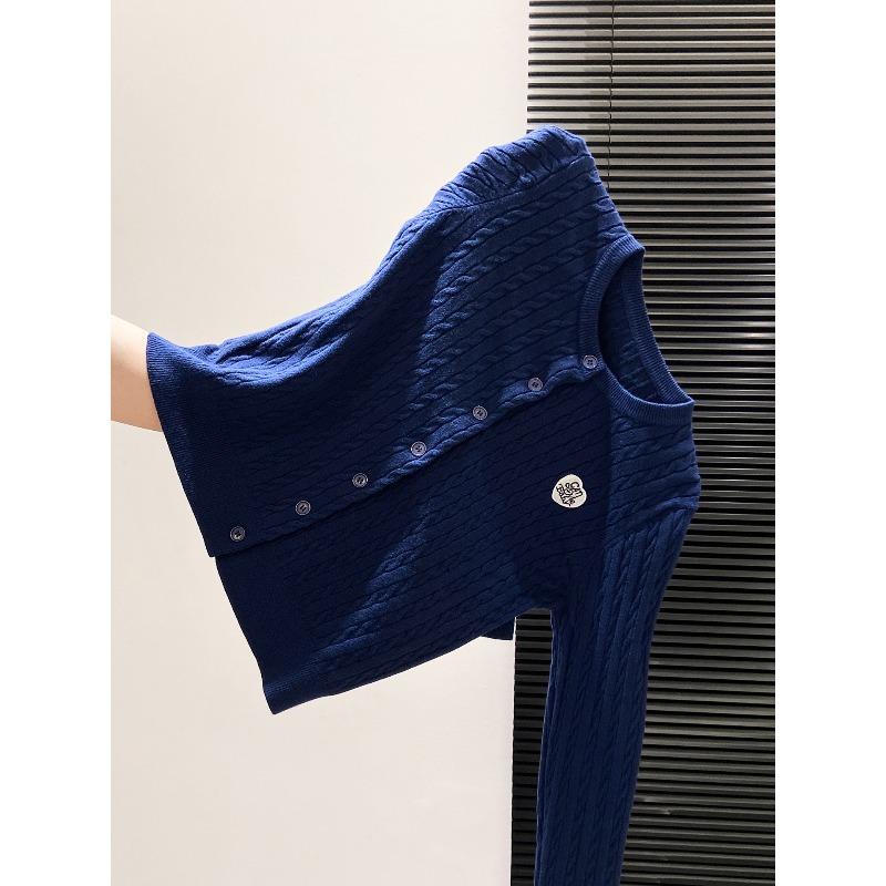 Vintage navy blue twist knitted cardigan jacket women's spring and autumn niche love embroidered single-breasted sweater top