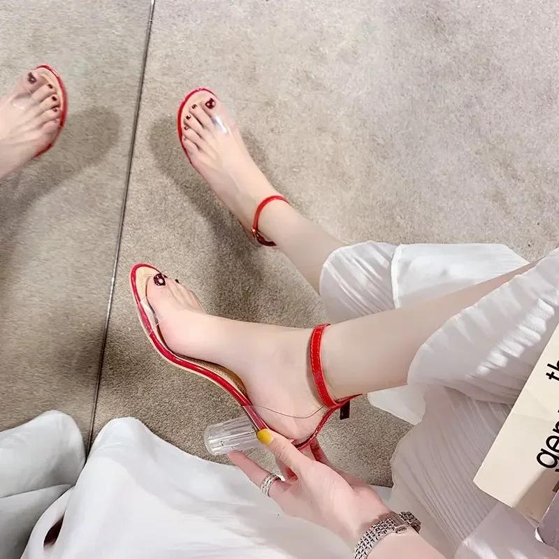 Fashion Transparent Sandals Women's 2024 Summer New One-word Buckle with Round Toe Thick Heel Fairy Wind Crystal Heel Sexy High Heels